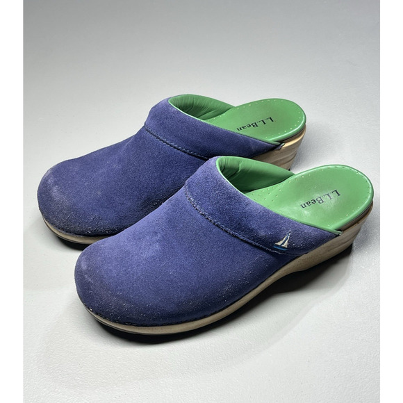 LL Bean Slide Clogs Womens 8 Blue Suede Sailboat Logo Slip On Preppy Coastal - Picture 2 of 13